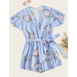 Light blue floral skort wrap romper with skirt